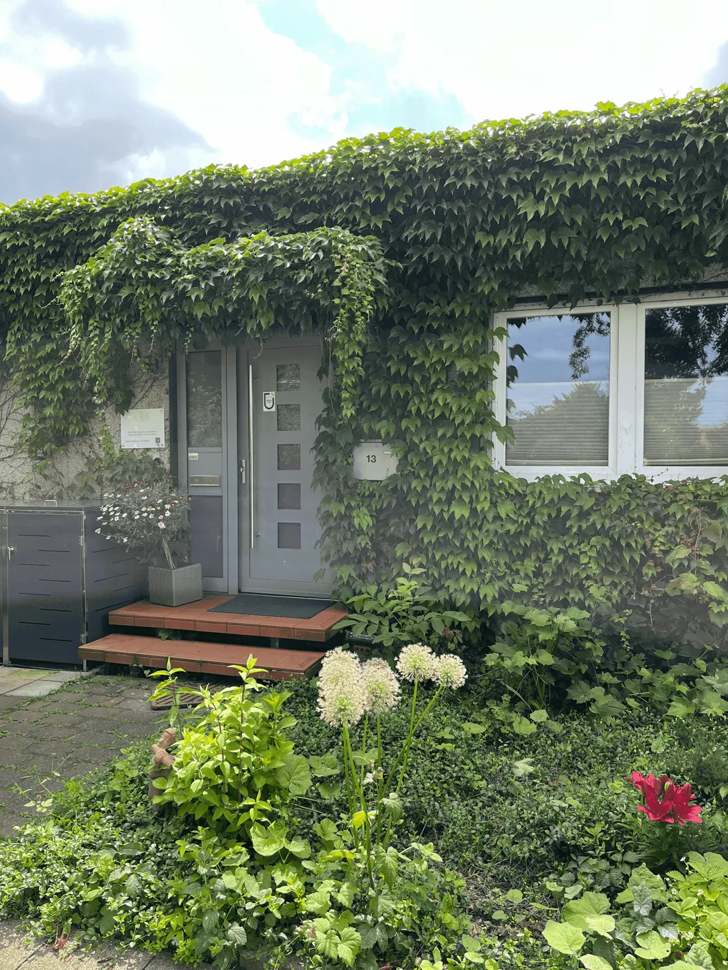 Eingang der Praxis in Krefeld mit begrünter Fassade